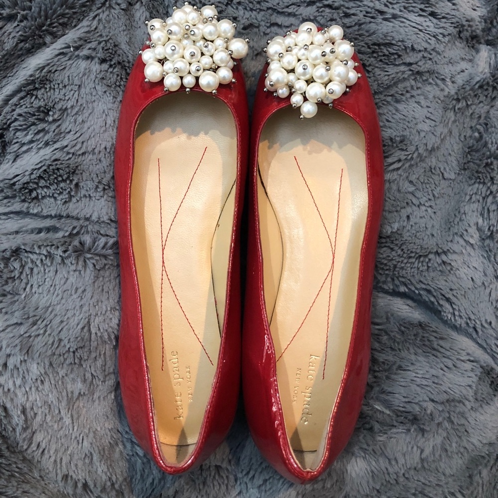 Kate Spade red flats with pearl details